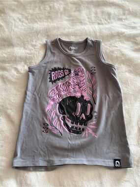 RAGS Kids Grey Tank Top with Pink Tiger & Black Skull Graphic